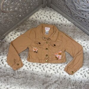 Little Lass cropped jean jacket girls size 6 tan denim floral western cowgirl